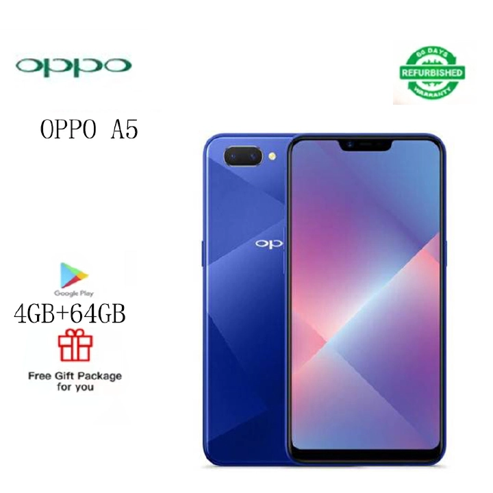 Refurbished    phones   oppo  A5   smart phone 3+64GB fingerprint free unlocking 6.2 inch supports 2G/3G/4G network dual card dual standby, 13MP+8MP, 4230mAh blue, red (4+64GB)