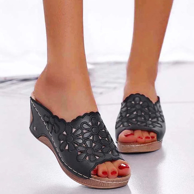 Retro Sandals Women Summer Wedge Flowers Shoes Sandals Fish Mouth Woman Sandals Plus Size Female Shoes