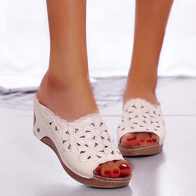 Retro Sandals Women Summer Wedge Flowers Shoes Sandals Fish Mouth Woman Sandals Plus Size Female Shoes