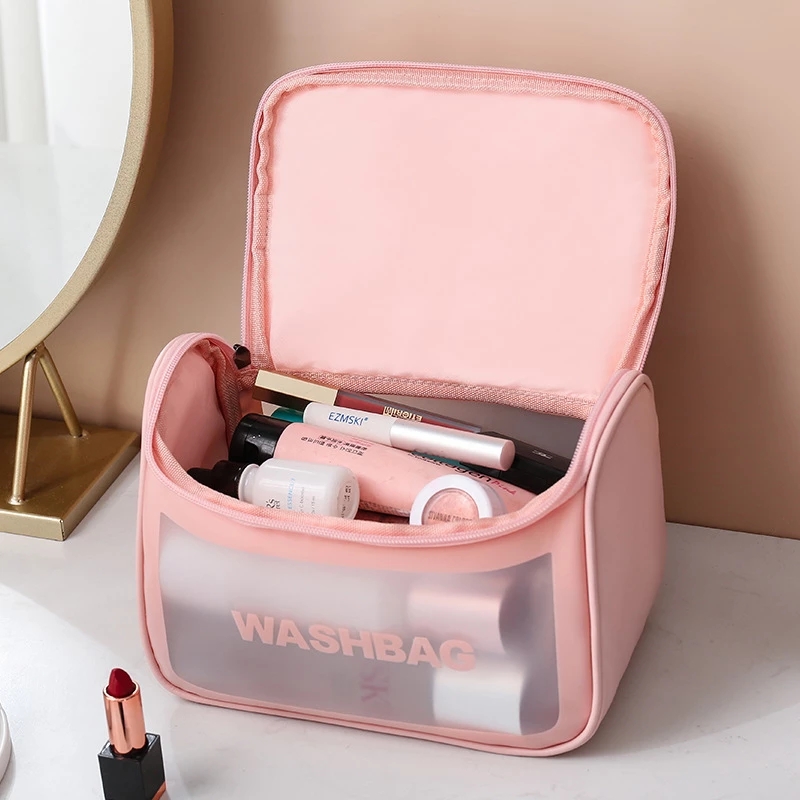 New arrival 1p PU Woman Toiletry Bag Transparent Waterproof Makeup Storage Box Large Capacity Cosmetic Bag Portable Travel Wash Storage Bag Pink 22*16*12.5cmPink,22*16*12.5cm