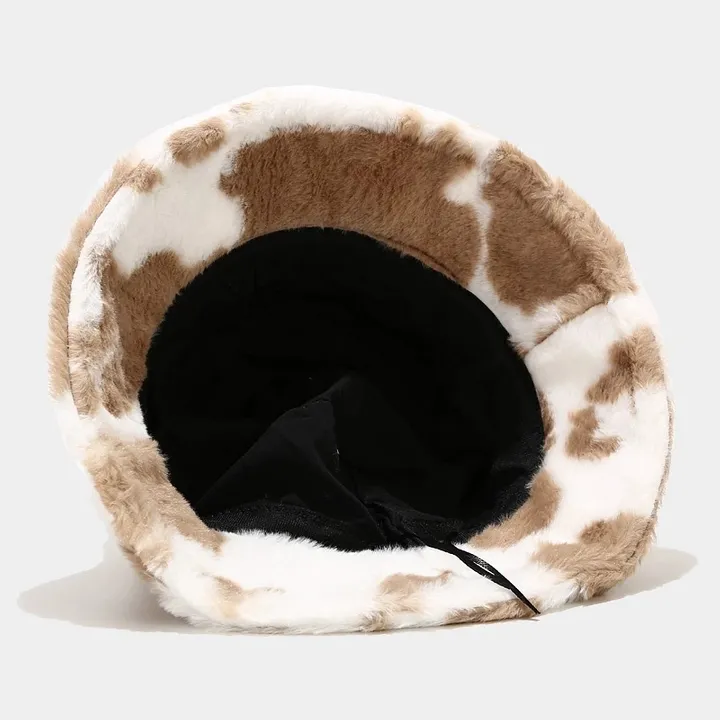 UnoSheng Winter Faux Fluffy Cow Print Bucket Hats Women's Outdoor Warm Sun  Hat Soft Velvet Fisherman Cap Lady Panama Female Fishing Hat for Girls,  black, M : : Fashion