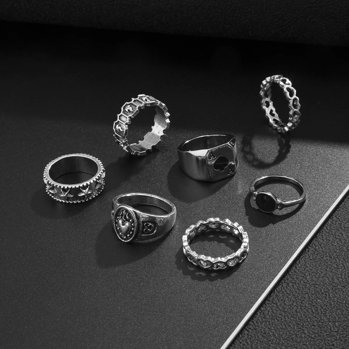 7Pcs/Set Punk Men's Vintage Personality Rings For Men Metal Simple Hollow Hip Hop Street Dripping Oil Ring Man Jewelry