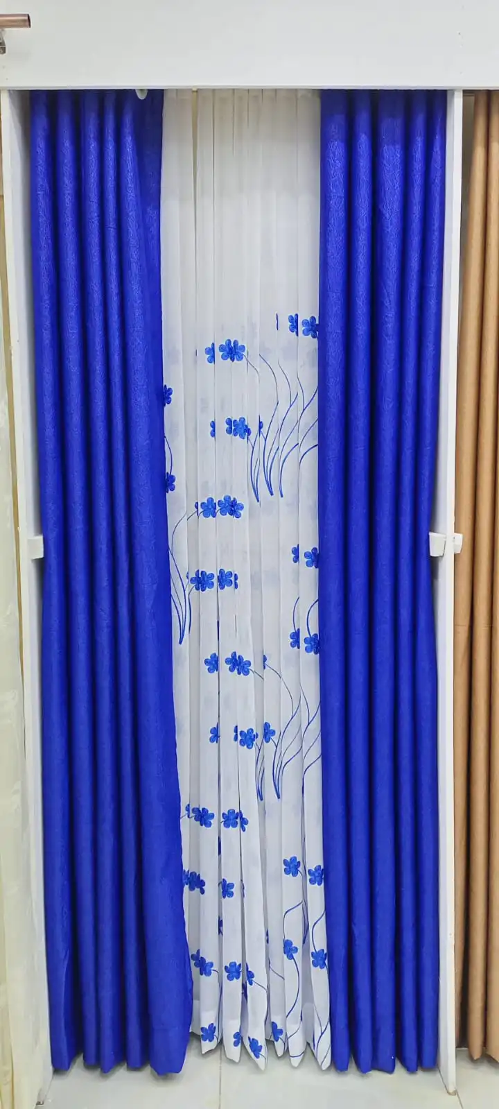 BLUE CURTAINS WITH SHEERS - 3PCS Set - 3 Meters Long Window and Door Curtains - Elegant Living and BedRoom Set – Ready made-to-Hang with Curtain Rods