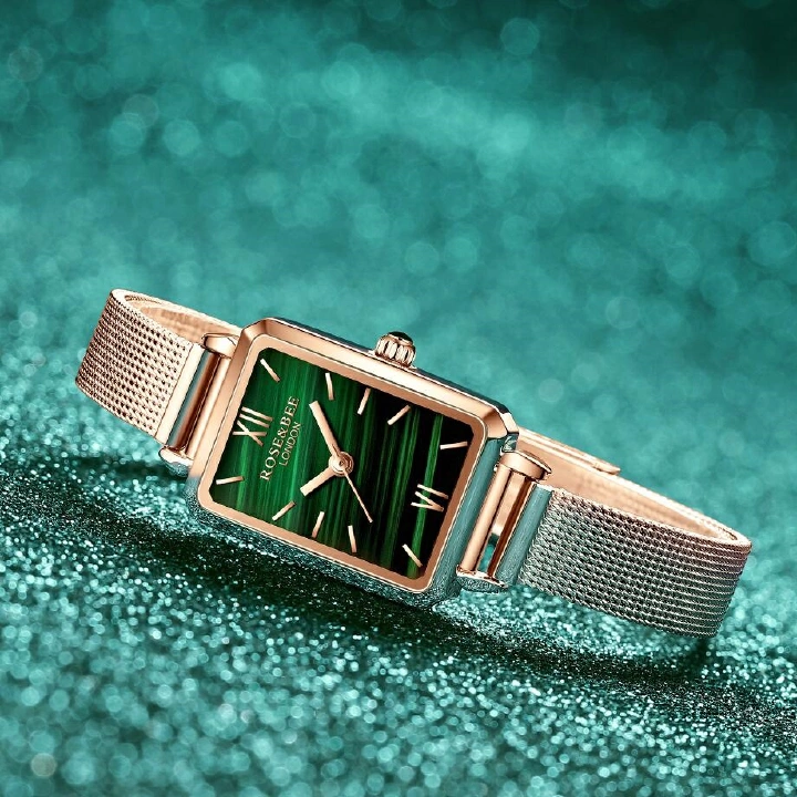 Women Watches Fashion Square Ladies Quartz Watch Bracelet Set Green Dial Simple Rose Gold Mesh Luxury Women Watches