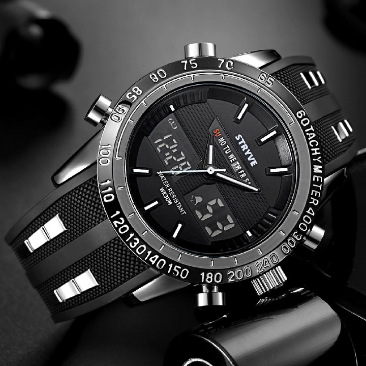 Men's Sports Watch Waterproof LED Sports Watch Dual Movement Multifunctional Waterproof Silicone Watch Electronic Watch