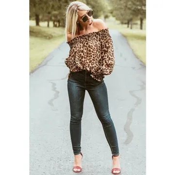 Women Lady Casual Shirt Off Shoulder Leopard Print Blouse Long