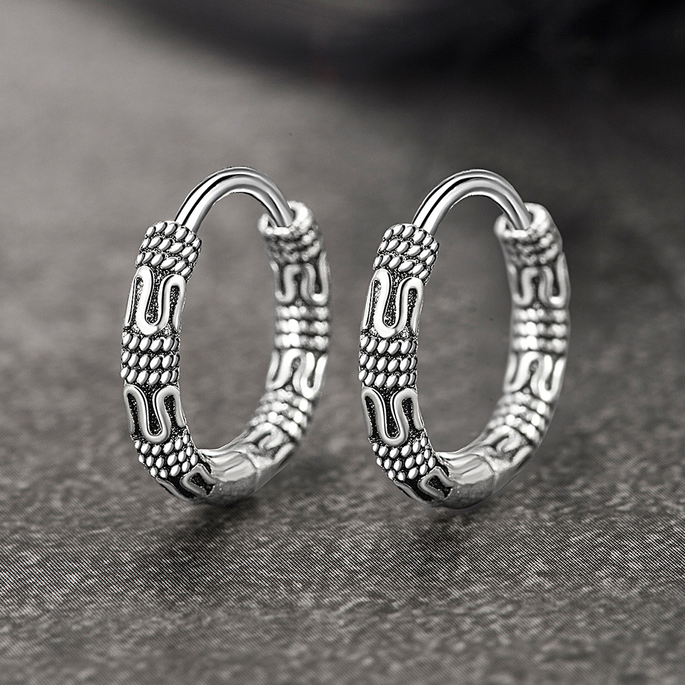 Black Vintage Cool Big Round Indian Boho 925 Sterling Silver Hoop Earrings For Men Women Trendy Thick Jewelry