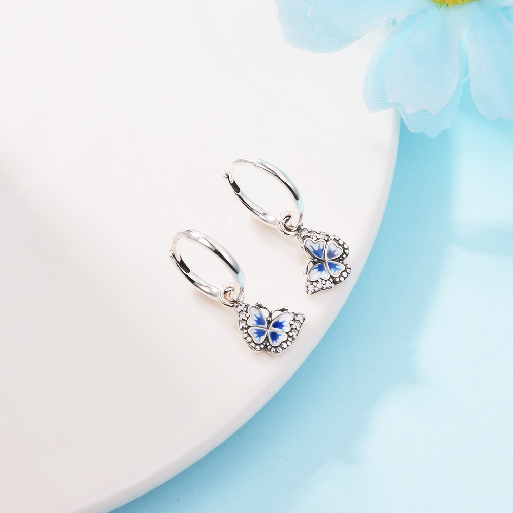 Blue Butterfly Hoop Earring 925 Sterling Silver Earrings for Women Jewelry Wedding Ear