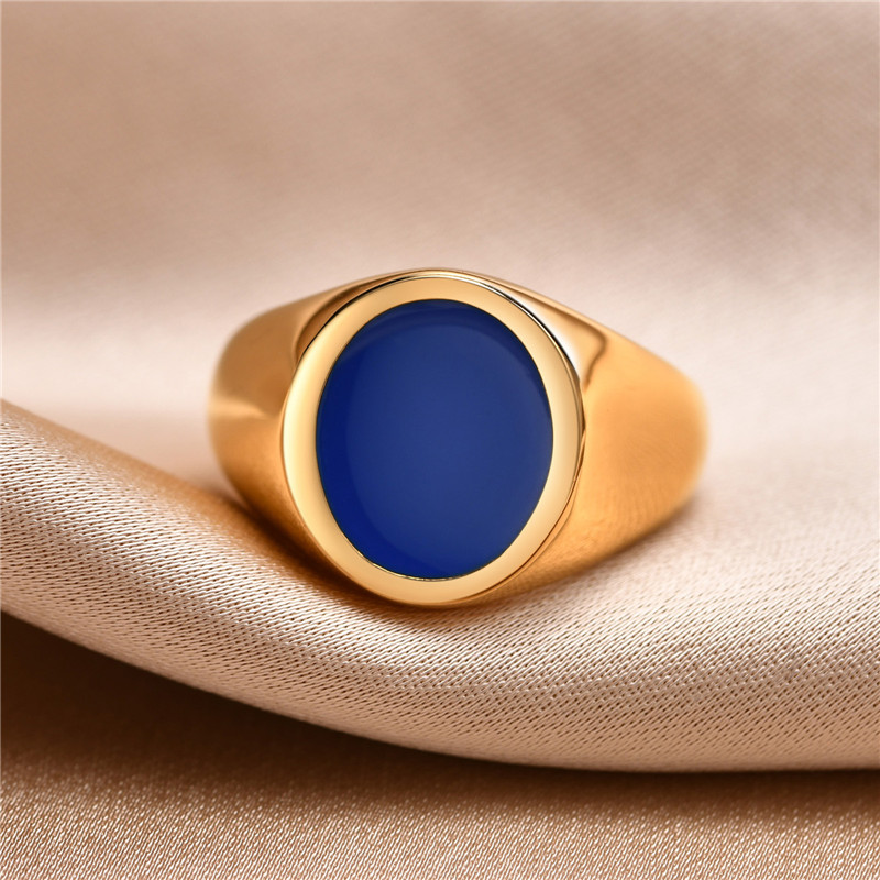 New Fashion Gold Color Chunky Punk Stainless Steel Finger Ring for Men Women Punk Vintage Oval Blue Dripping Oil Ring