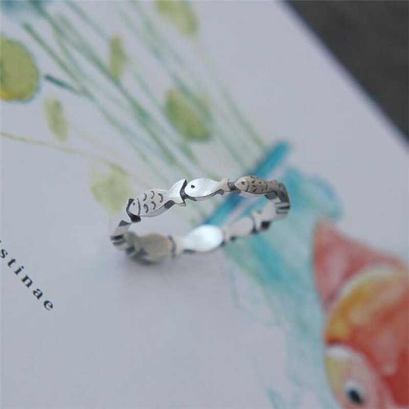 925 Sterling Silver Retro Personality Single Layer Little Fish Adjustable Size Open Ring SR185