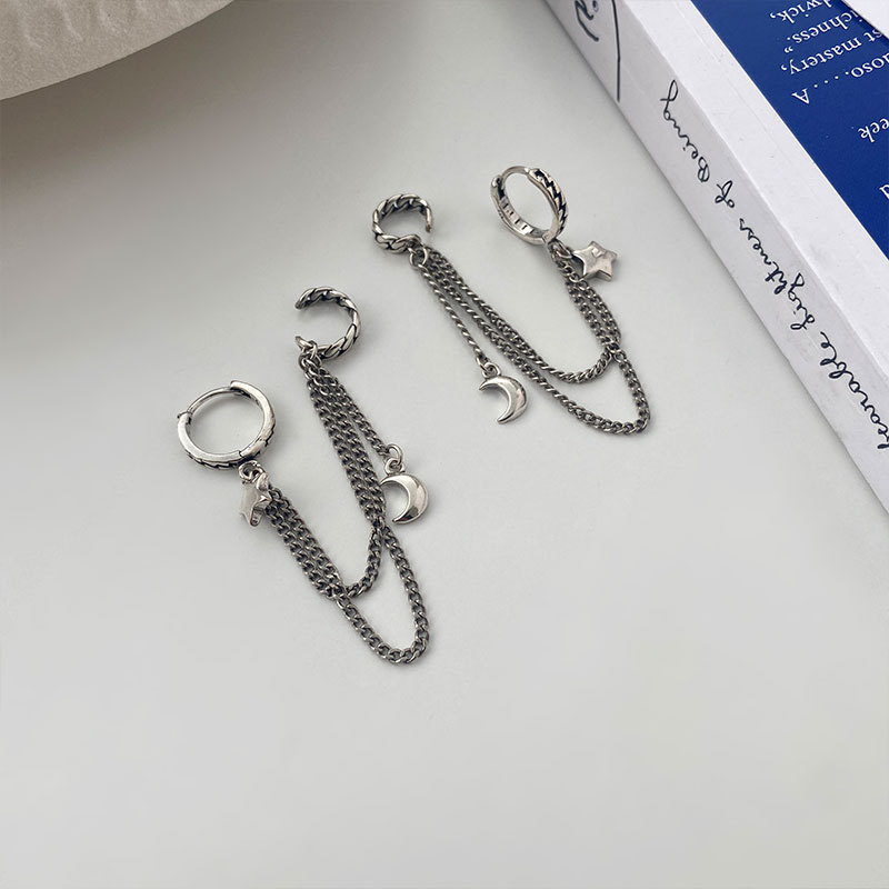 925 Silver Star Moon Long Earring Contracted Eardrop For Woman Fashion Temperament INS Party Fine Gifts