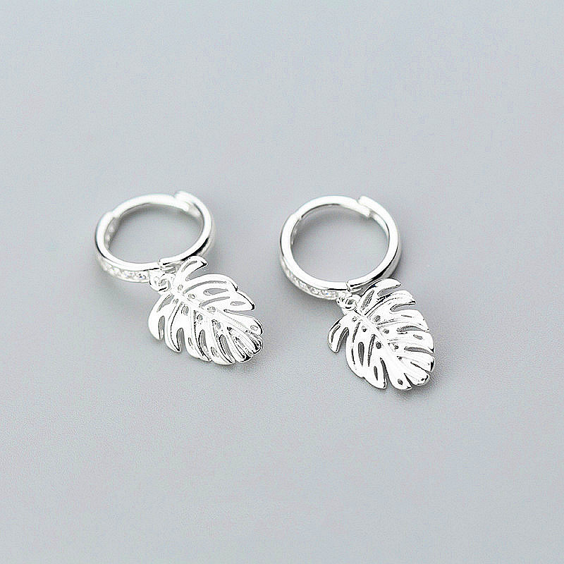 New Arrival Monstera Leaf Tropical Plant Zircon Hoop Earrings Charm 925 Sterling Silver Rose Gold Color FINE  Jewelry
