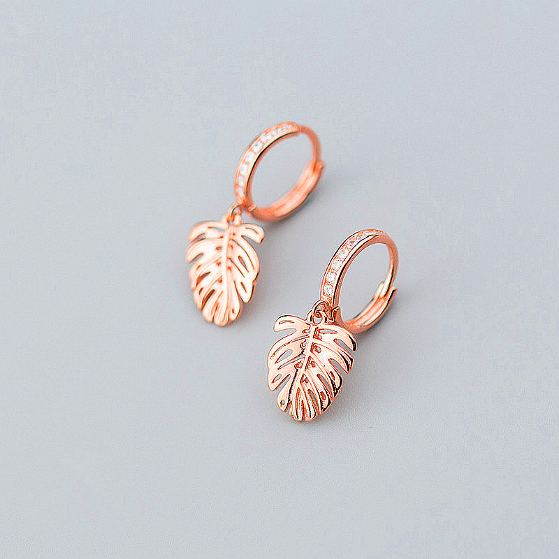 New Arrival Monstera Leaf Tropical Plant Zircon Hoop Earrings Charm 925 Sterling Silver Rose Gold Color FINE  Jewelry