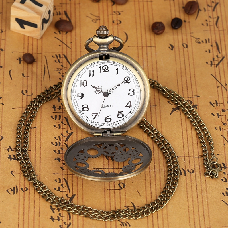 Vintage Antique Copper Steampunk Bronze Hollow Gear Quartz Pocket Watch Necklace Pendant Clock Chain Men Women with Accessory