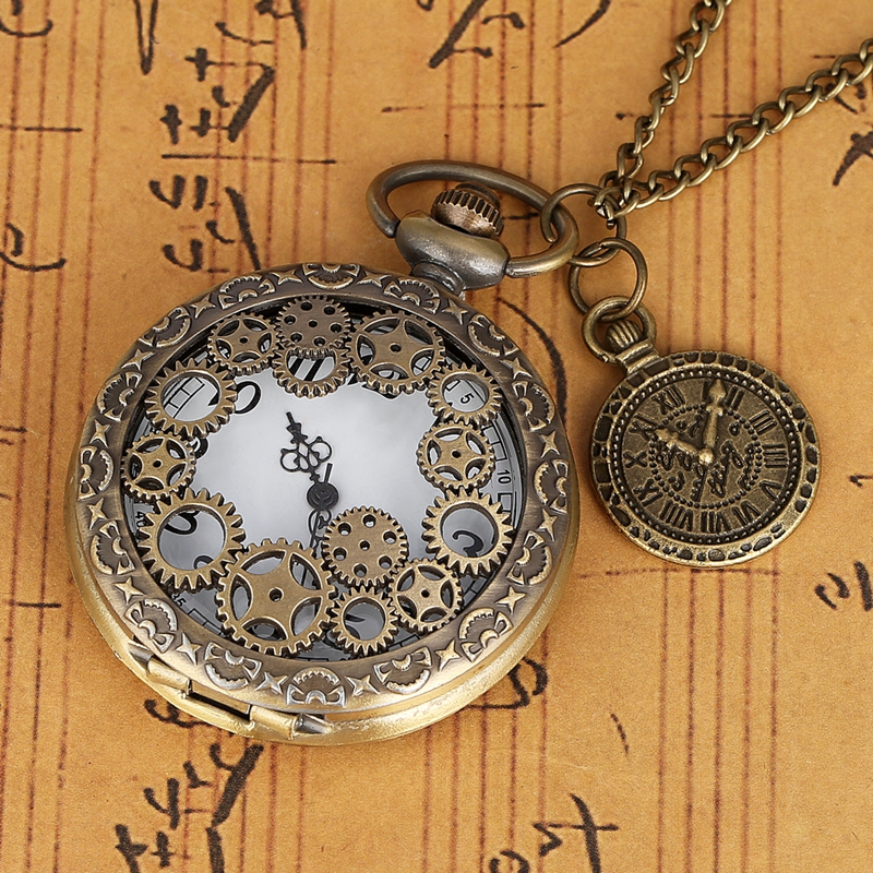 Vintage Antique Copper Steampunk Bronze Hollow Gear Quartz Pocket Watch Necklace Pendant Clock Chain Men Women with Accessory