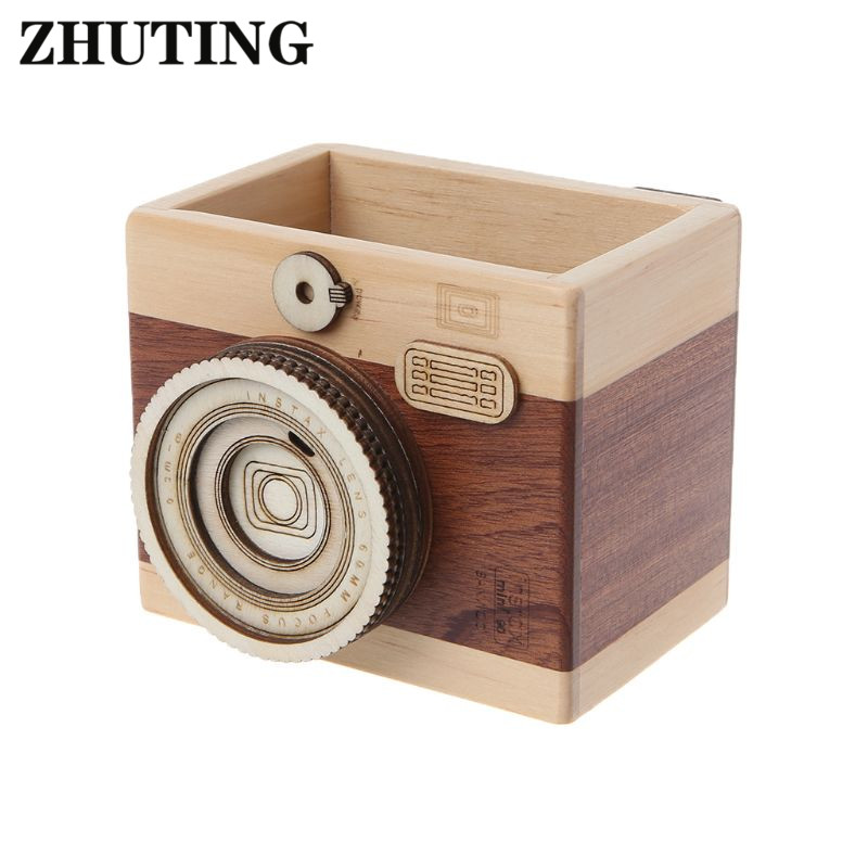 Creative Camera Pattern Wooden Pen Pencil Case Holder Stand Desktop Sundries Storage Box Multi Purpose Use Wooden Pen Holder