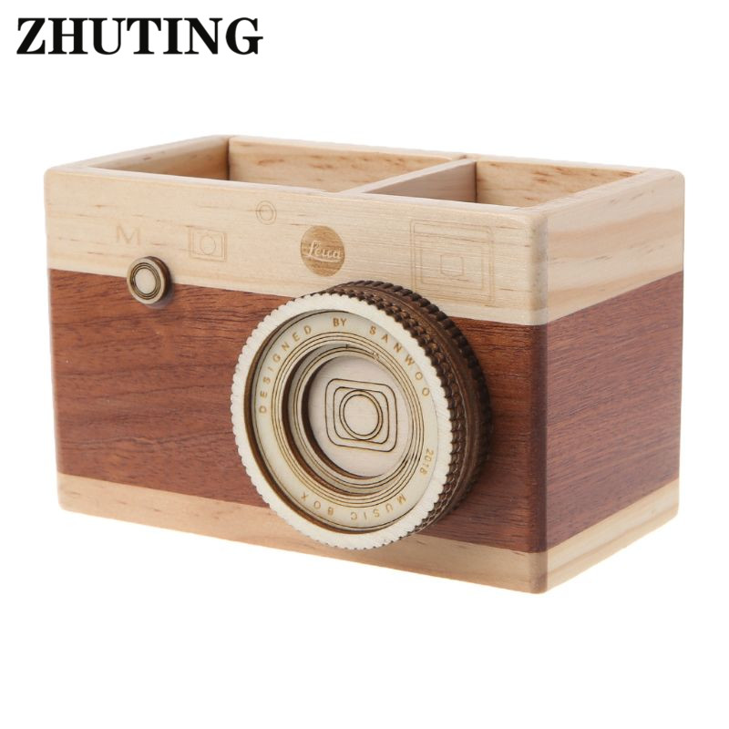 Creative Camera Pattern Wooden Pen Pencil Case Holder Stand Desktop Sundries Storage Box Multi Purpose Use Wooden Pen Holder
