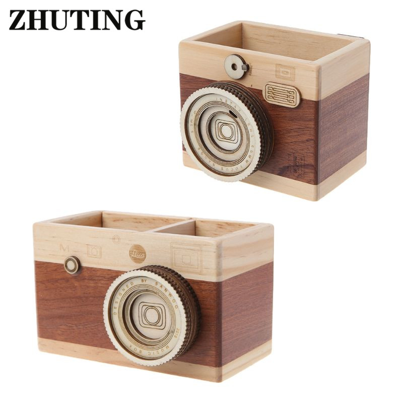 Creative Camera Pattern Wooden Pen Pencil Case Holder Stand Desktop Sundries Storage Box Multi Purpose Use Wooden Pen Holder