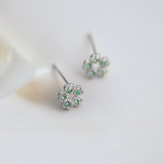 Green Zircon Flower Stud Earrings For Fashion Women Party Cute Fine Jewelry