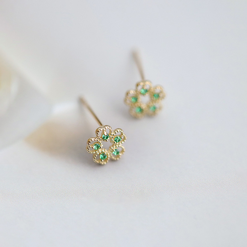 Green Zircon Flower Stud Earrings For Fashion Women Party Cute Fine Jewelry