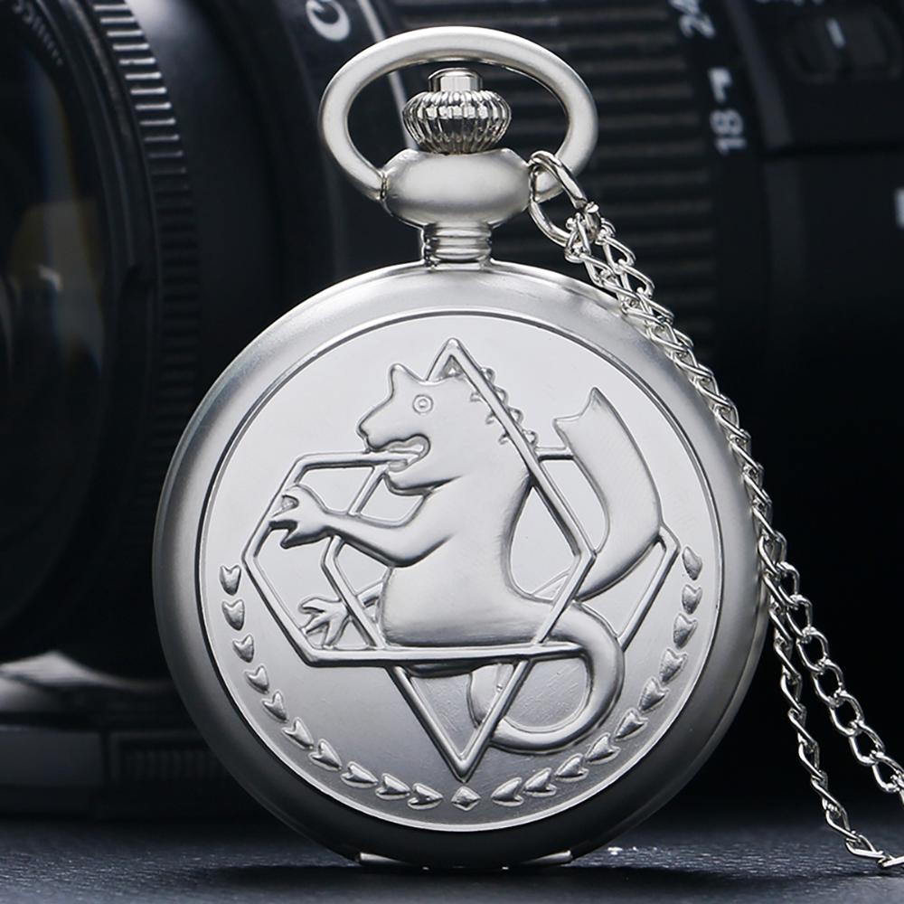 High Quality Full Metal Alchemist Silver Watch Pendant Men's Quartz Pocket Watches Japan Anime Necklace Gift