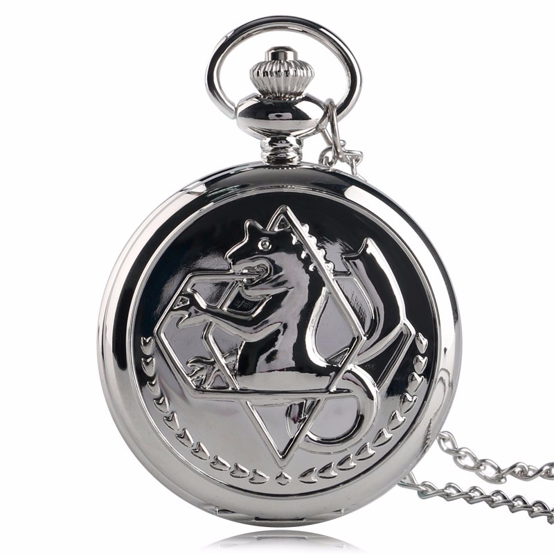 High Quality Full Metal Alchemist Silver Watch Pendant Men's Quartz Pocket Watches Japan Anime Necklace Gift