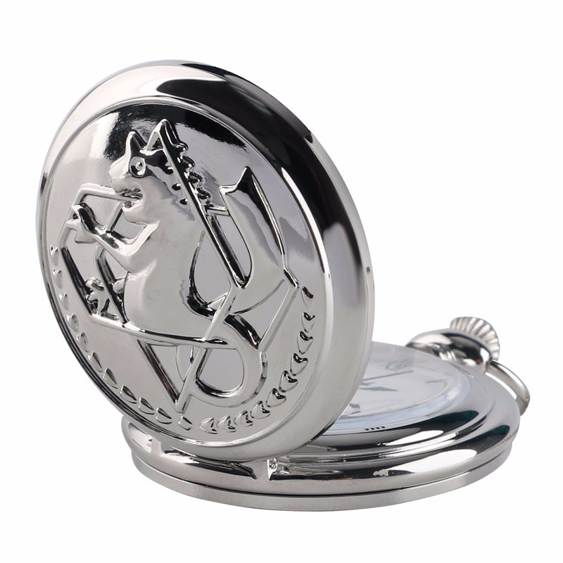 High Quality Full Metal Alchemist Silver Watch Pendant Men's Quartz Pocket Watches Japan Anime Necklace Gift