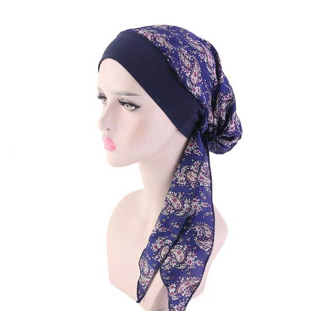 Muslim Hijab Turban Cap Silky Durags Women Flower Print Cancer Chemo Caps Head Scarf Headwear Bandanas Long Tail Head Cover Caps
