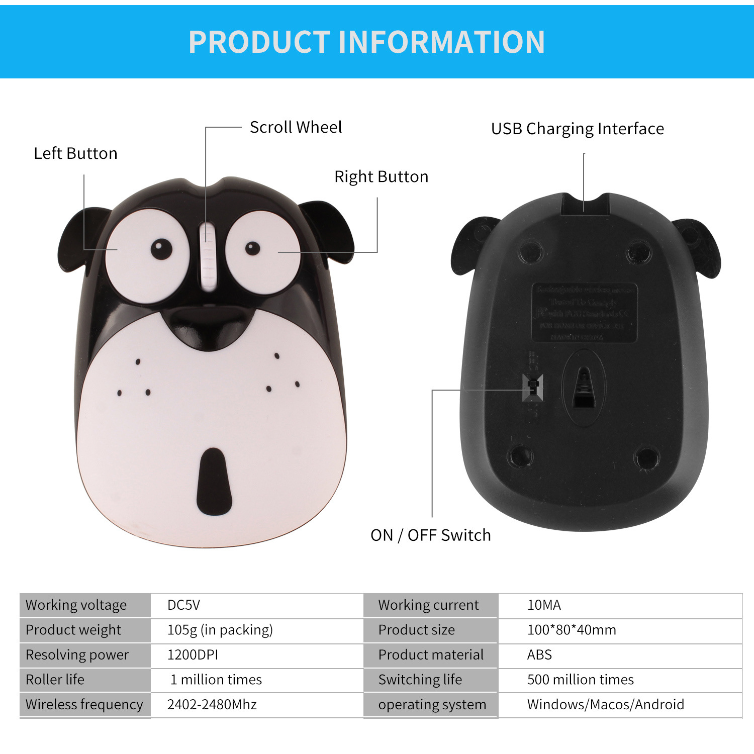 Mouse Cute Panda Puppy Mouse 1200DPI Wireless USB Mute Mouse for PC Laptop Office