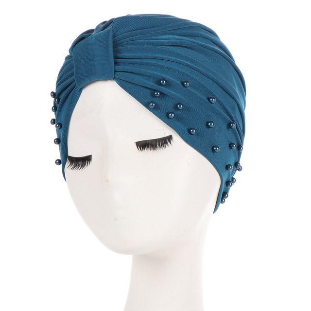 Hot Pearl Hemp Beading India Hijab Turban Elastic Muslim Hat Chemo Cap Headwrap Solid Bandanas Knot Black Pink New Hat Headwear