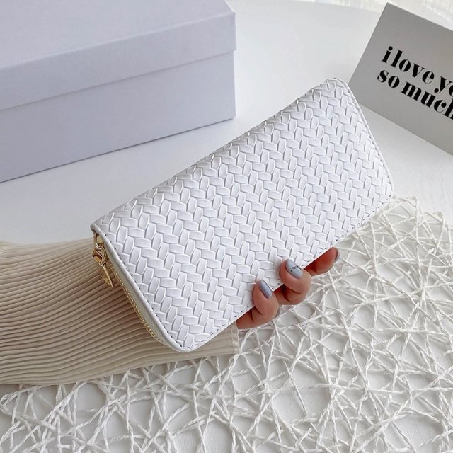 Women Weave Wallet Leather Wrist Handle Phone Case Long Section Women Purse Card Holder