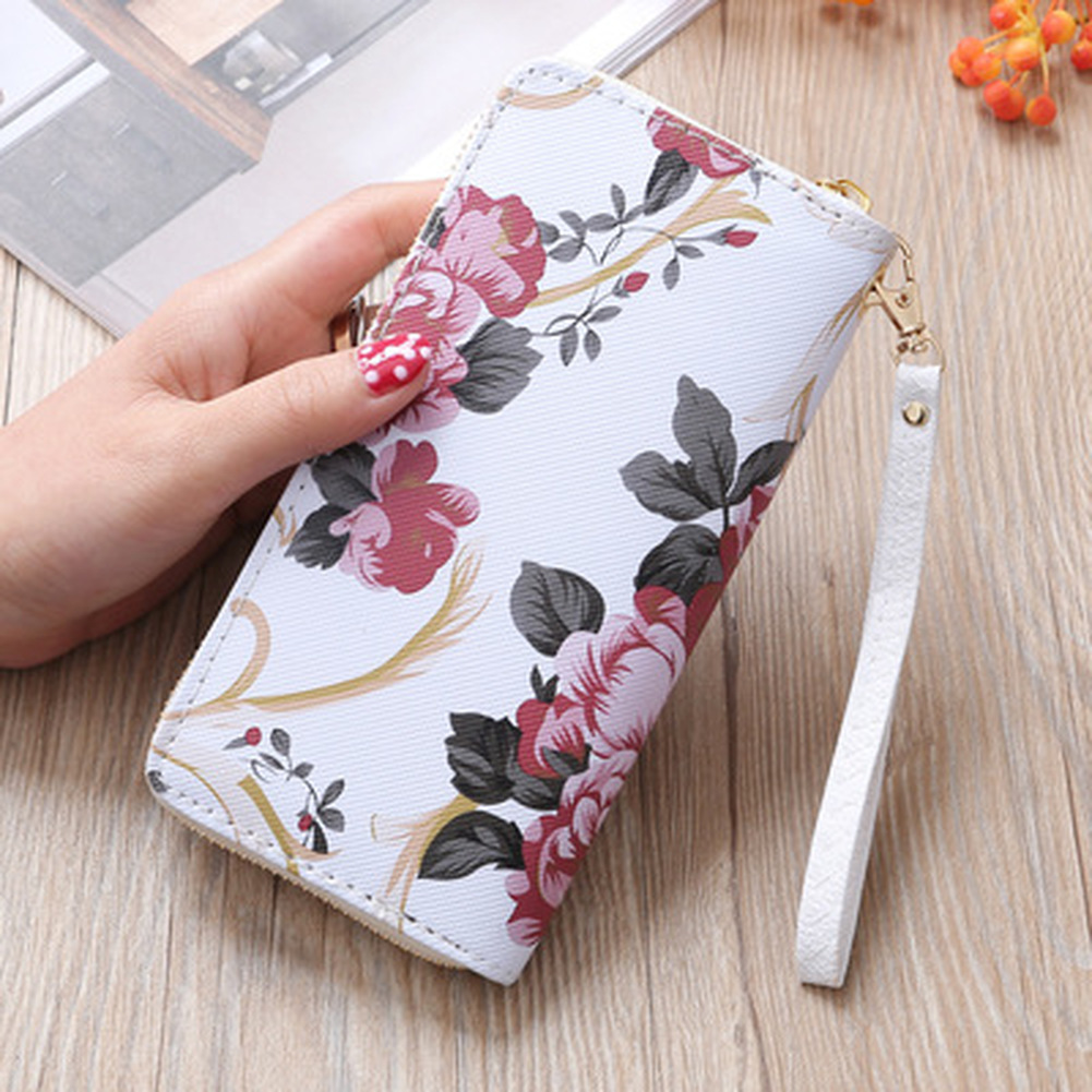 Women's Rose Print Wallet Long Handbag Fashion Wild Zipper Clutch Bag Multi-card Wallet Purse Card Holder