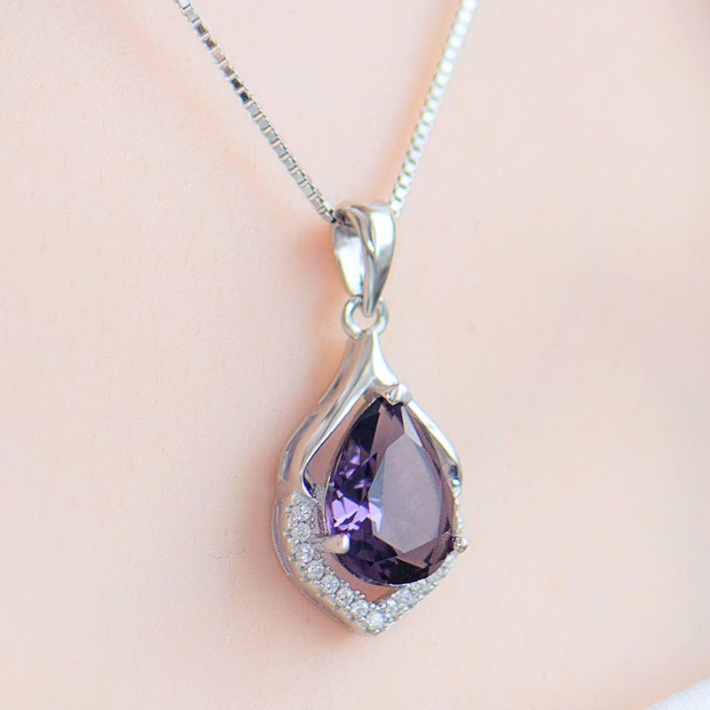 Elegant Water Drop Shaped Pendant Amethyst Necklace for Women Temperament Gemstone Silver 925 Jewelry Weddings Gift
