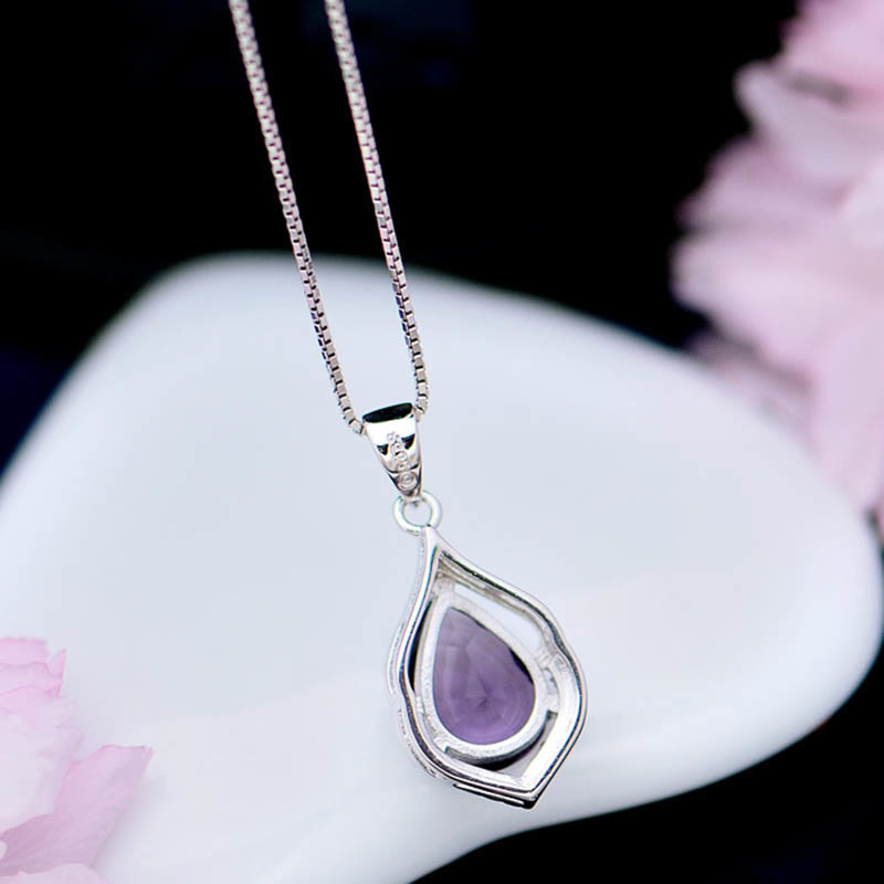 Elegant Water Drop Shaped Pendant Amethyst Necklace for Women Temperament Gemstone Silver 925 Jewelry Weddings Gift