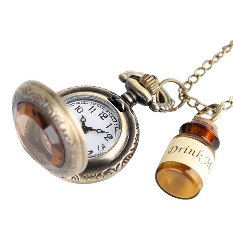 Small Pocket Watch Alice in Wonderland Drink Me Necklace Pendant with Bottle Birthday Gifts for Women Girl Watches Drop Shipping