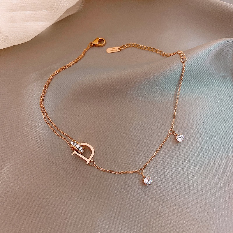 Rose Gold Titanium Steel Letter D Anklets For Women Fashion Crystal Anklet Bracelet On Leg Summer Female Foot Jewelry