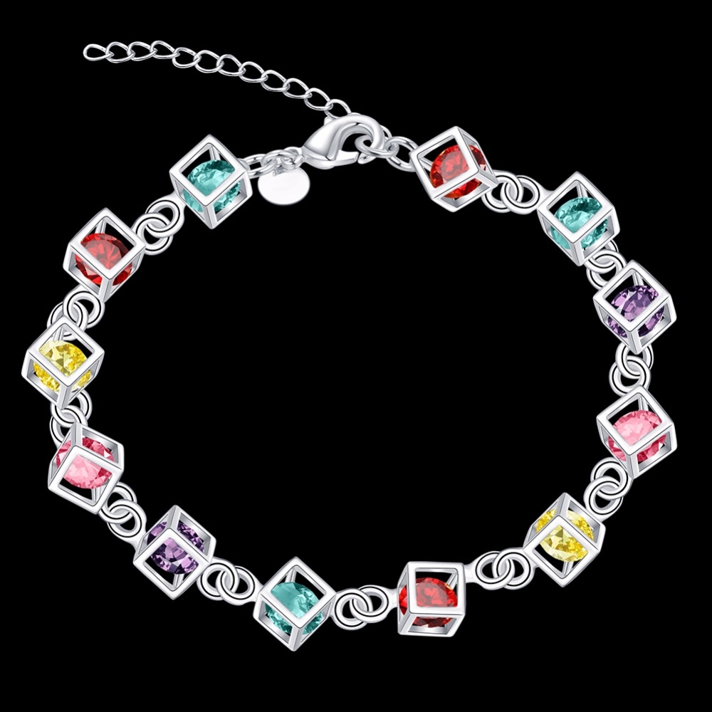 Shiny Crystal Happiness Cube Silver Woman Girl Bracelet Multicolored Cube Rainbow Fine Jewelry
