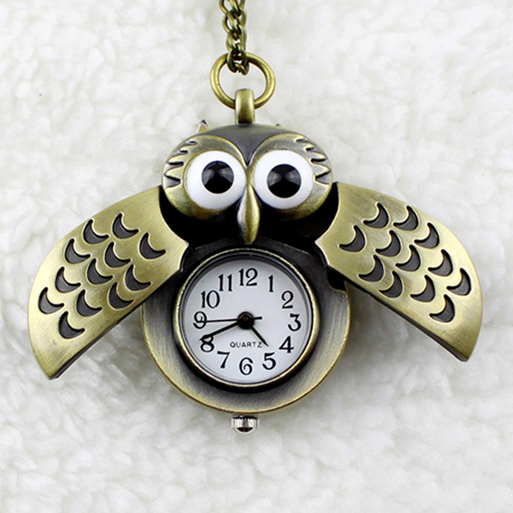 Vintage Bronze Retro Slide Smart Owl Pendant Long Chain Mechanical Necklace Pocket Watch Hand-winding Men Women Chain Gifts