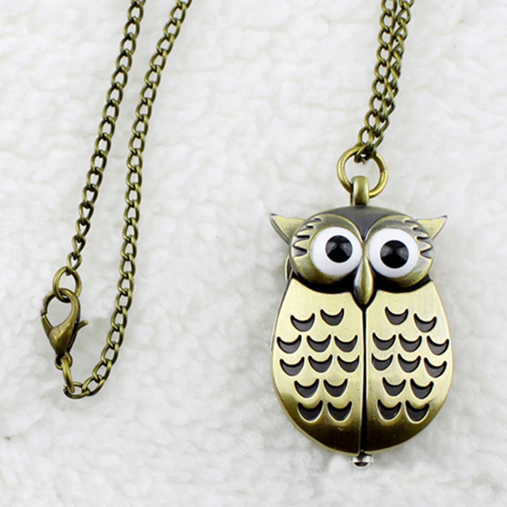 Vintage Bronze Retro Slide Smart Owl Pendant Long Chain Mechanical Necklace Pocket Watch Hand-winding Men Women Chain Gifts