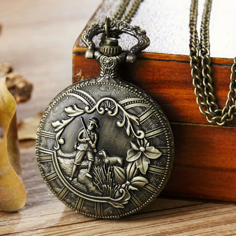 Soldier Hunting Dog Pocket Watch Flower Laser Engraved Steampunk Quartz Fob Watches  Men Women Necklace Clock with Chain