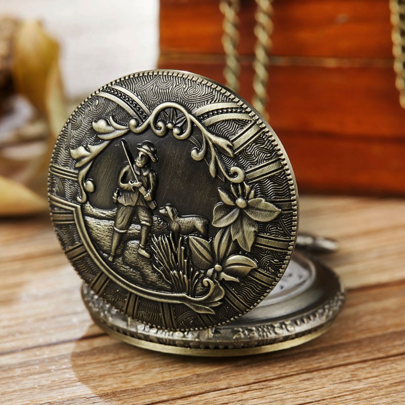 Soldier Hunting Dog Pocket Watch Flower Laser Engraved Steampunk Quartz Fob Watches  Men Women Necklace Clock with Chain