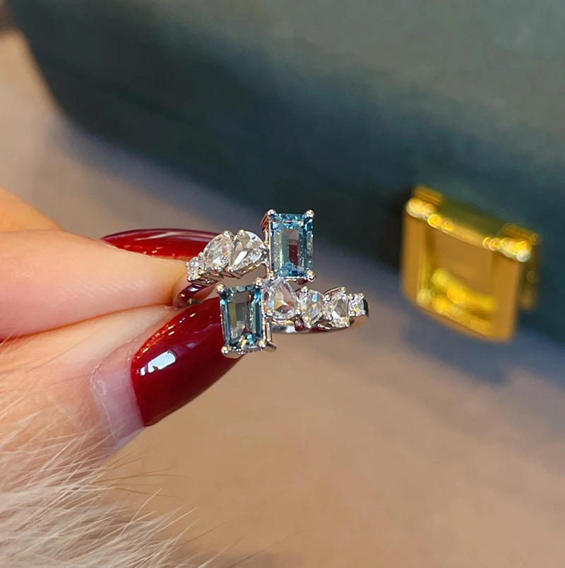 Sea Blue Zircon Stone Open Rings for Women Silver Color Square Crystal Engagement Wedding Ring Gifts