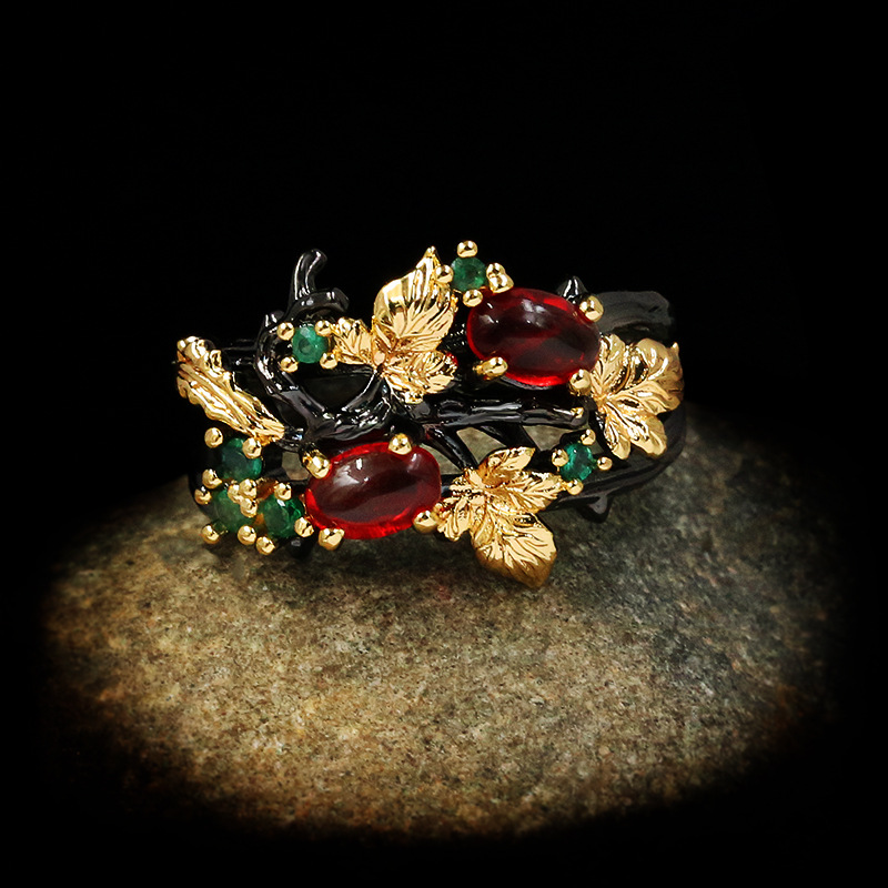 Exquisite Leaf Flower Color Zircon Ladies Women's Ring Jewelry Black Gold Two-color Red Zircon Ring Ladies Ring