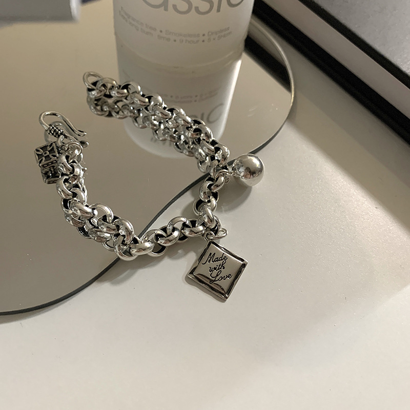 Sterling Silver English Square Charms Bracelet for Women Ball Hip Hop Silver Bracelet