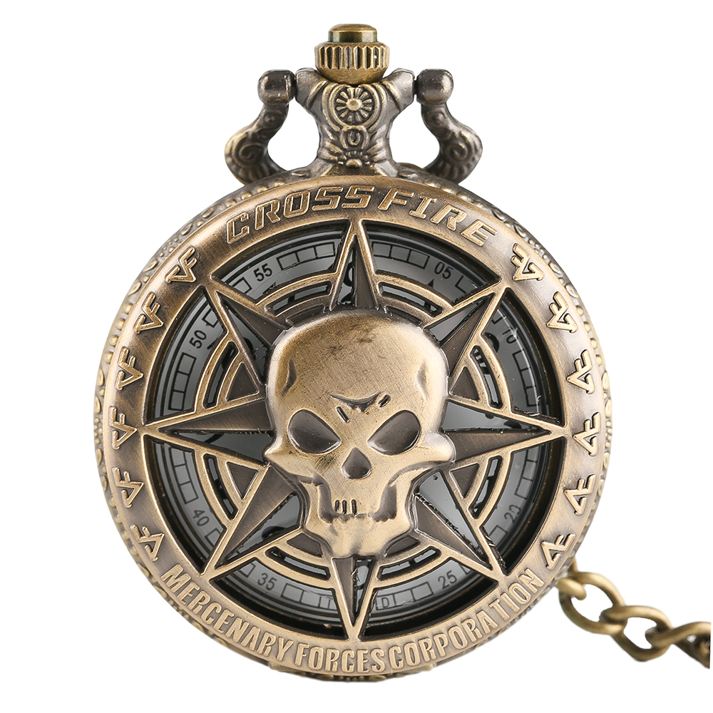 Vintage Bronze Steampunk Hollow Carribean Pirate Skull Head Horror Quartz Pocket Watch with Chain for Girls and Women