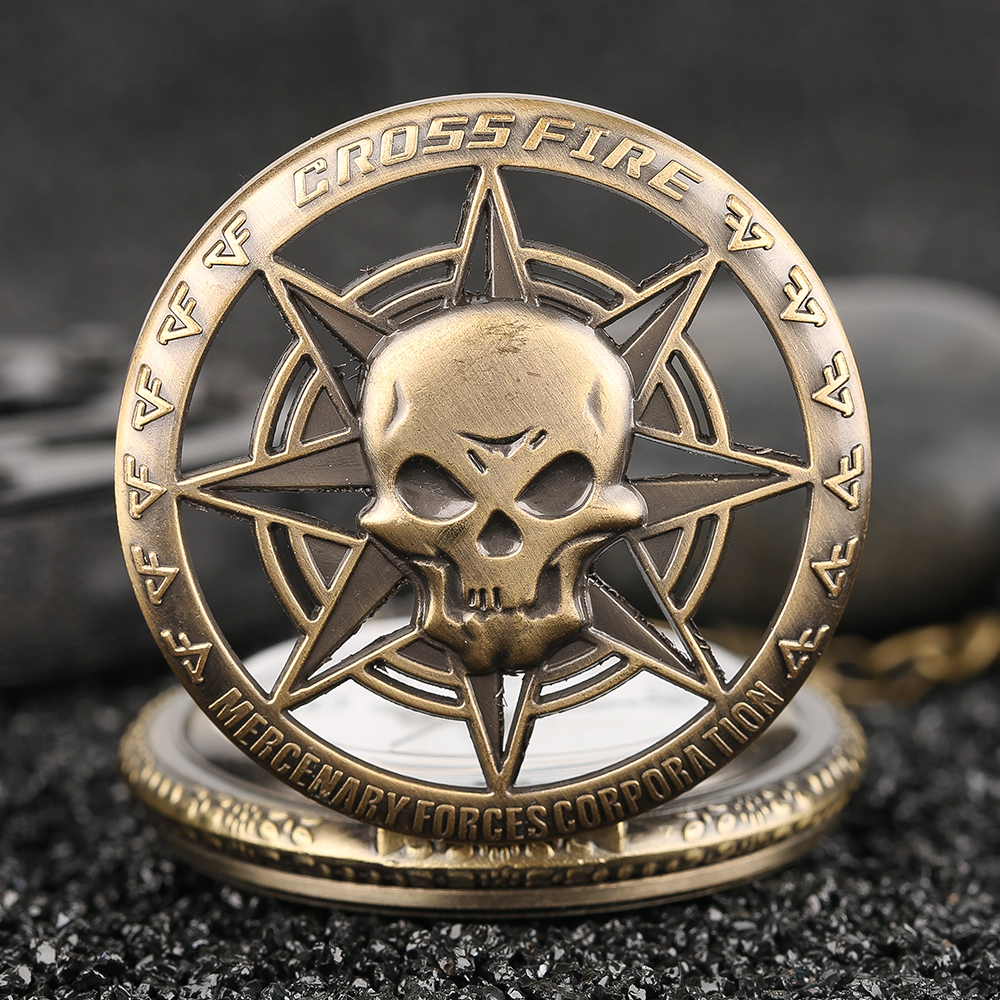 Vintage Bronze Steampunk Hollow Carribean Pirate Skull Head Horror Quartz Pocket Watch with Chain for Girls and Women
