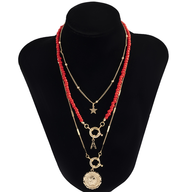Red Color Seed Beaded Chain Choker Necklace for Women Bohemia Letter Carved Coin Star Pendant Necklace Sets