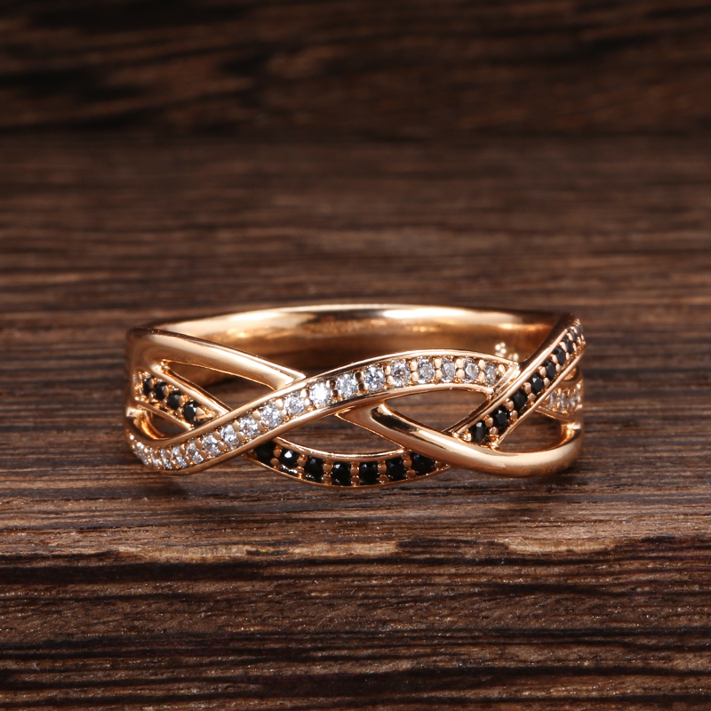 Rose Gold Natural Black Zircon Ring Geometric Line Cross Wedding Rings for Women Vintage Fashion Jewelry