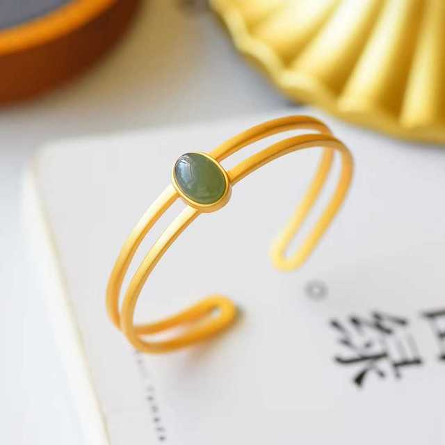 Natural Hetian Gray Jade Bracelet Women's round Elegant Sterling Silver Gold-Plated High-Grade Simple Opening Antique Bracelet