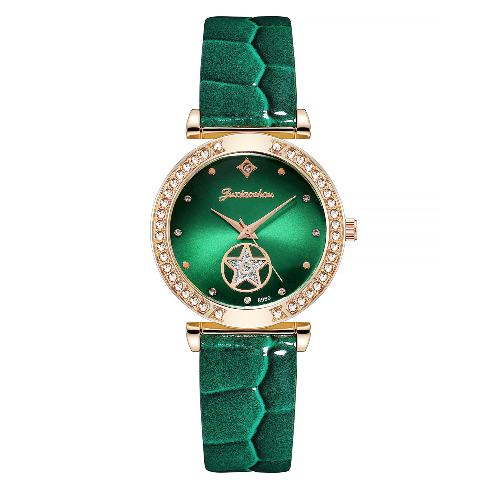Luxury Women Fashion Green Watches Qualities Diamond Studded Quartz Watch Ladies Leather Wristwatches